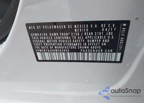 2017 Volkswagen Jetta 1.4T S z USA, uszkodzony, nr VIN 3VW2B7AJ0HM363956